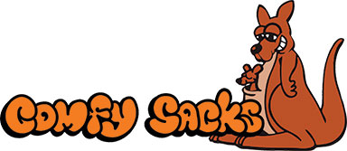 Comfy Sacks old logo with fun text and a kangaroo mascot